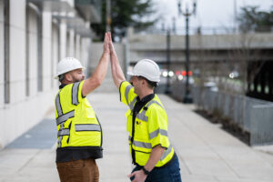 Chad and Jay high five. 