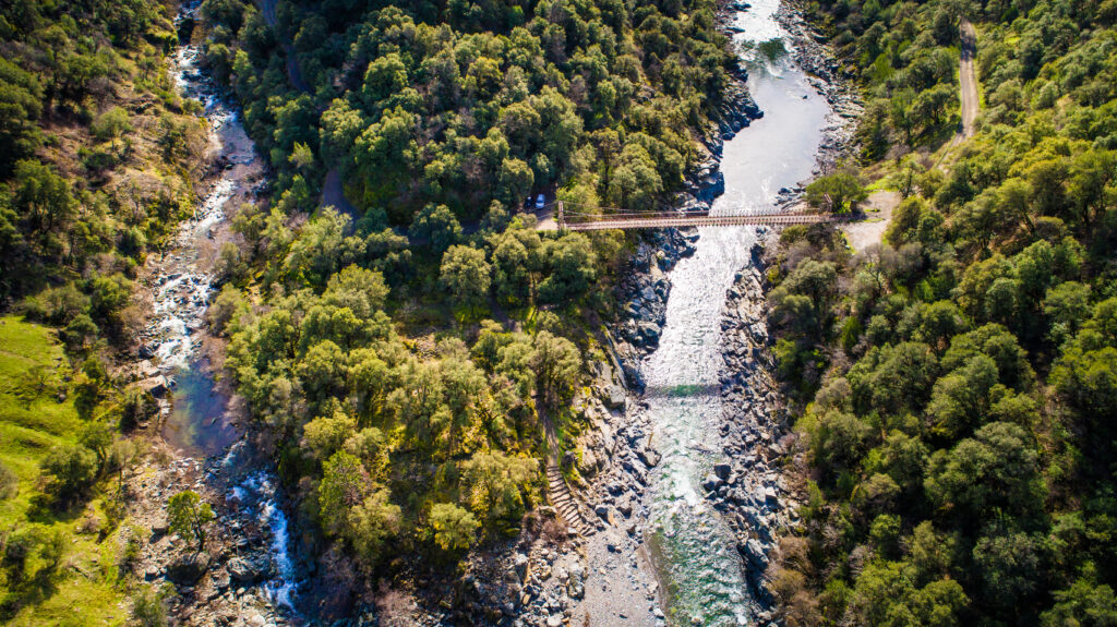 Aerial view of the historic Yankee Jims Bridge over the North Fork of the American River. 